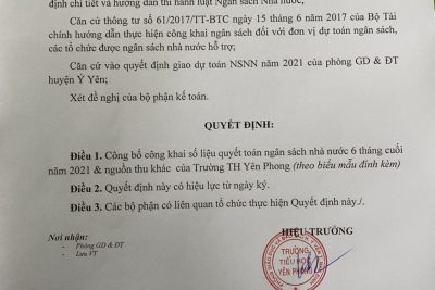 Công khai quyết toán ngân sách nhà nước và các nguồn thu khác 6 tháng cuối năm 2021